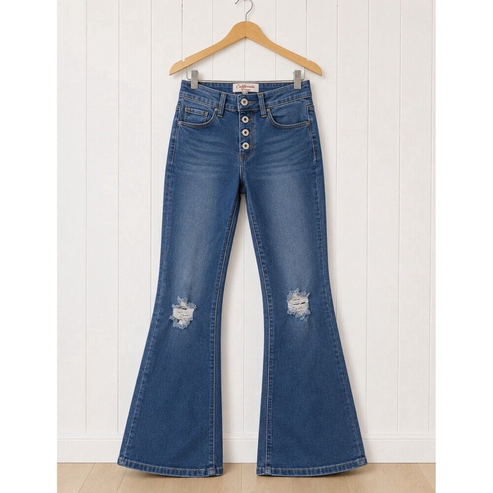 California Vintage Flare Jeans Womens 22x32 Button Fly Distressed Low Rise Y2K